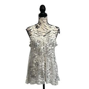 G Collection Womens Beige Lace Crochet Tunic  Coverup Boho Sheer Y2k Blouse L
